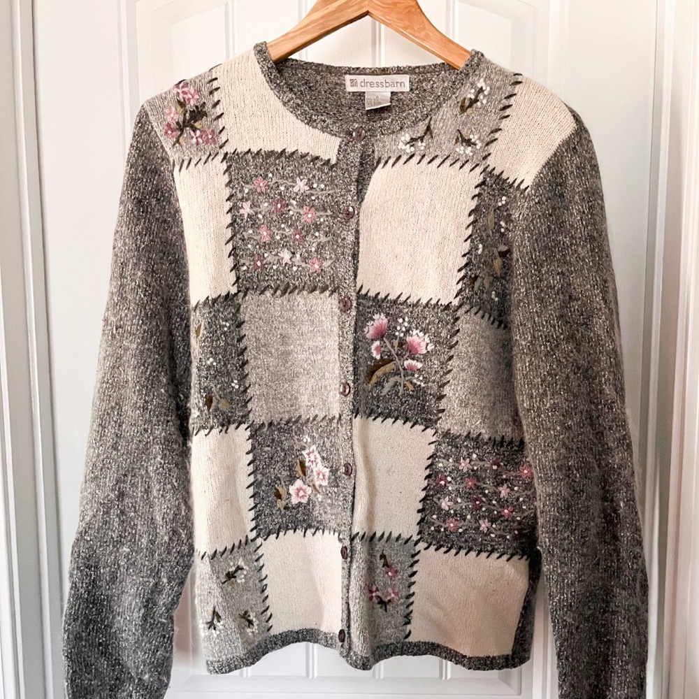 dressbarn Gray & Cream Embroidered Patchwork Cardigan